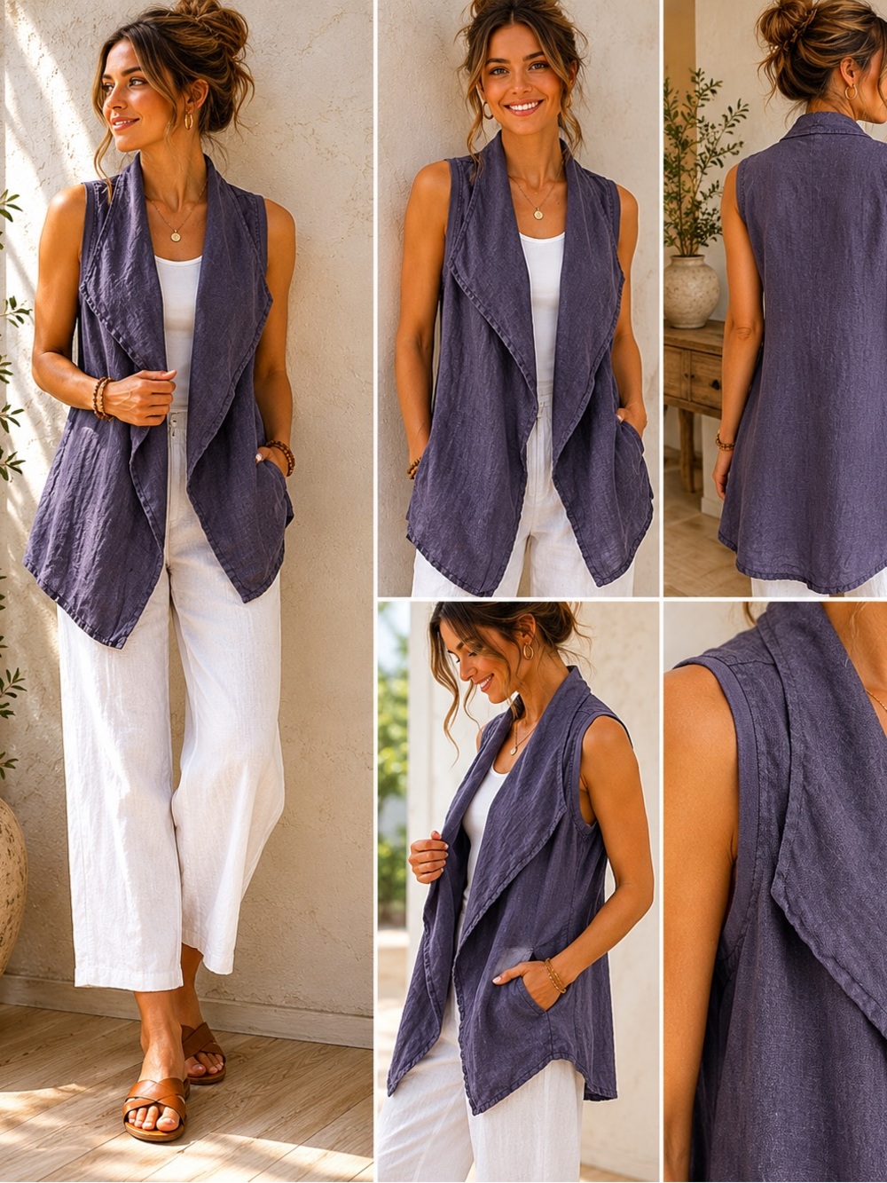 FLAX Linen Gray Open Front Drape Vest Sleeveless Side Pockets Resort Wear Small - Picture 3 of 16